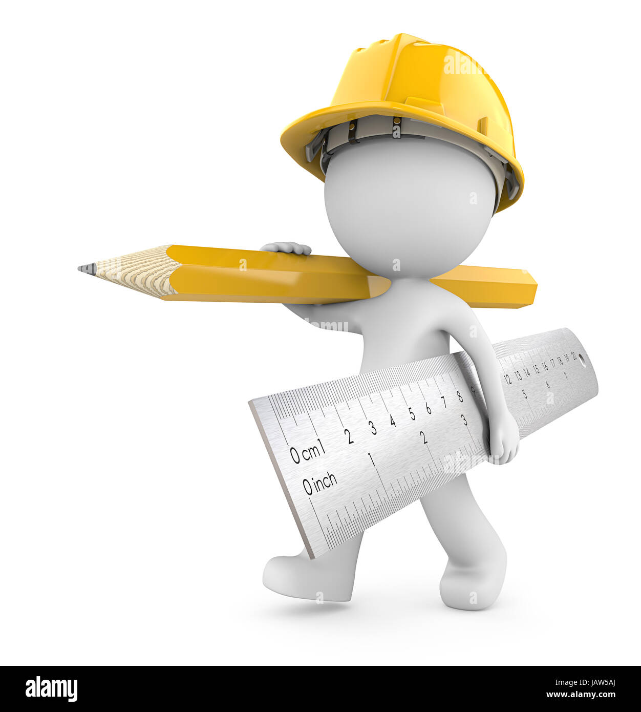 Dude 3D character the Builder carrying large Ruler and Pencil. Yellow theme. 3d Render. Stock Photo