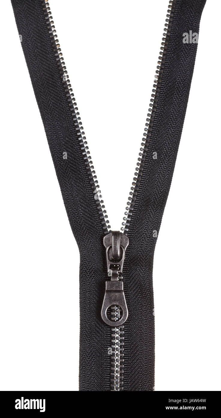 metal black zip fastener close up isolated on white background Stock