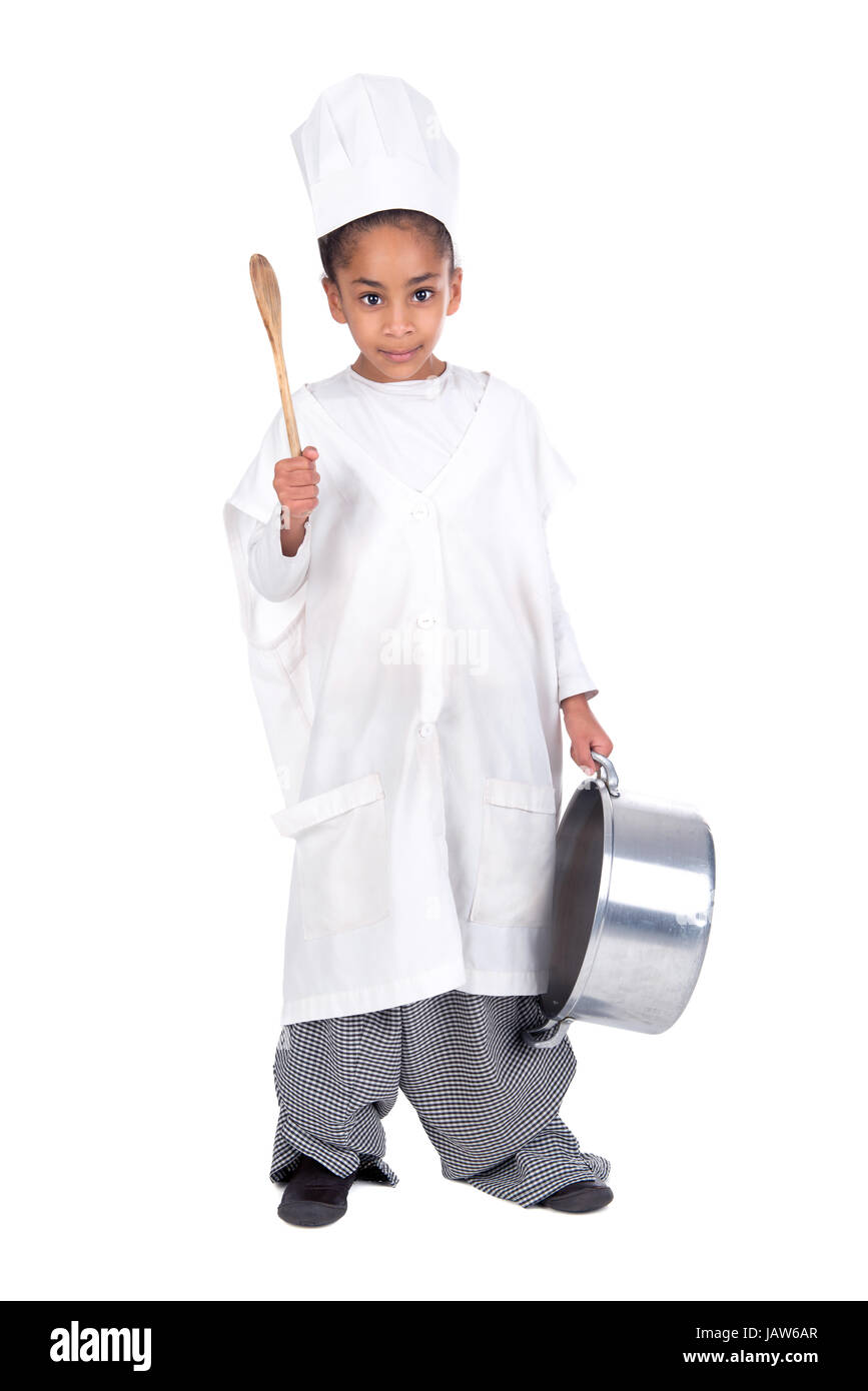 Young girl posing with adult chef's uniform Stock Photo - Alamy