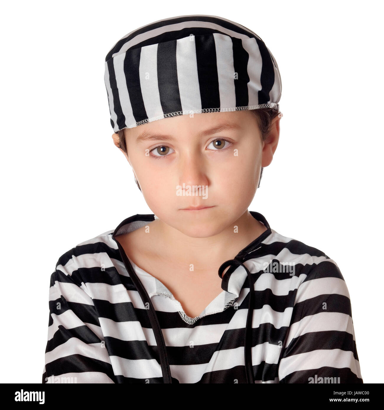 Sad child with with striped prisoner costume isolated on a white background Stock Photo
