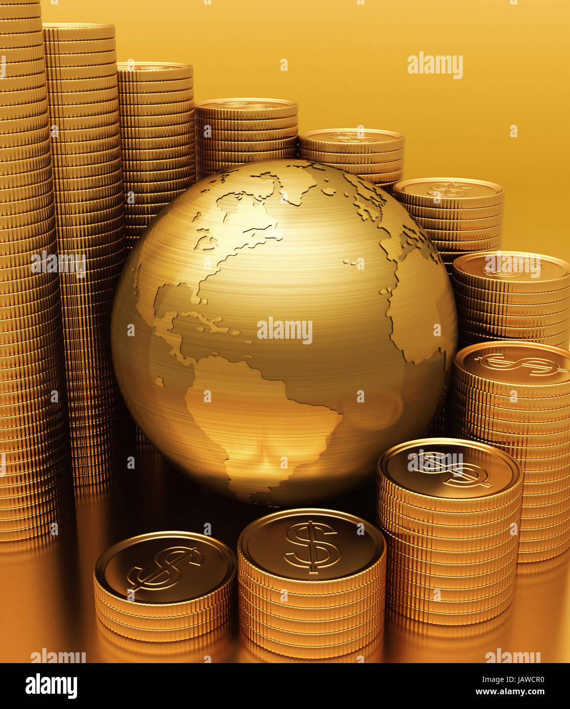 Golden globe surrounded by coins of gold. The pile of coins form a ...