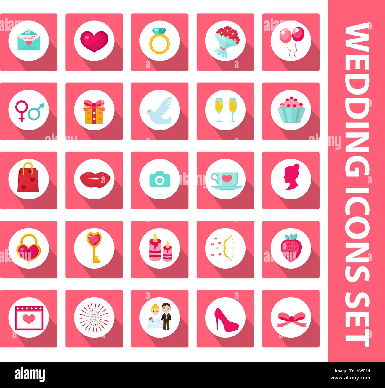 Wedding set of icons, design elements, flat style with long shadows ...