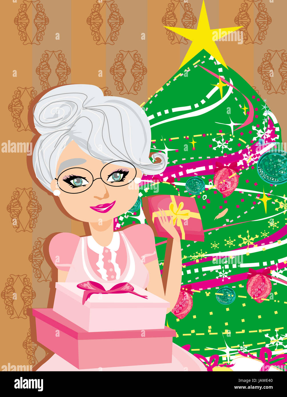 An elderly woman on the background of a Christmas tree with Christmas