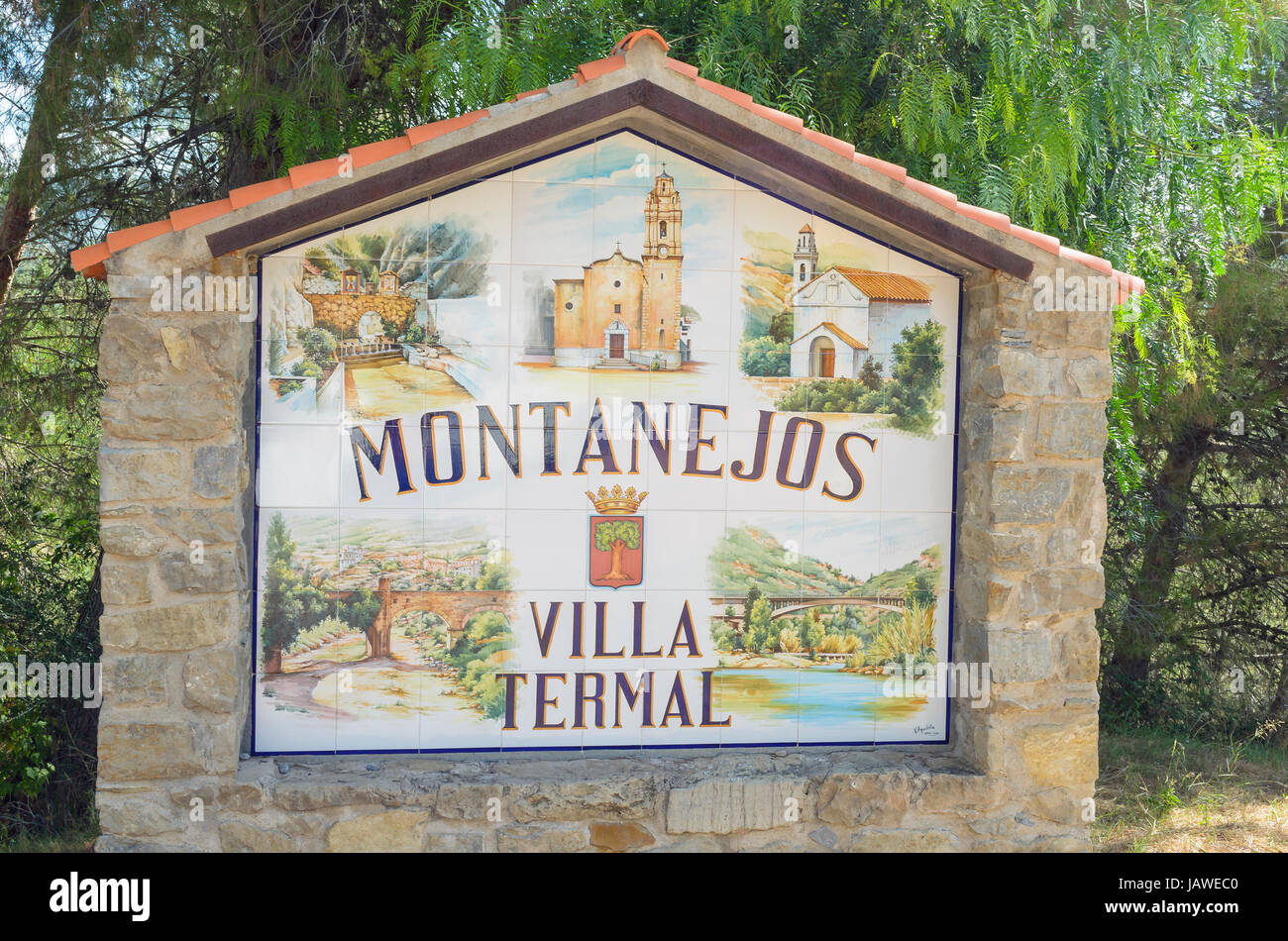 Ceramic poster of Montanejos town, located in the province of Castellon (Valencia - Spain). Village famous for his thermal waters. Sunny day of summer Stock Photo