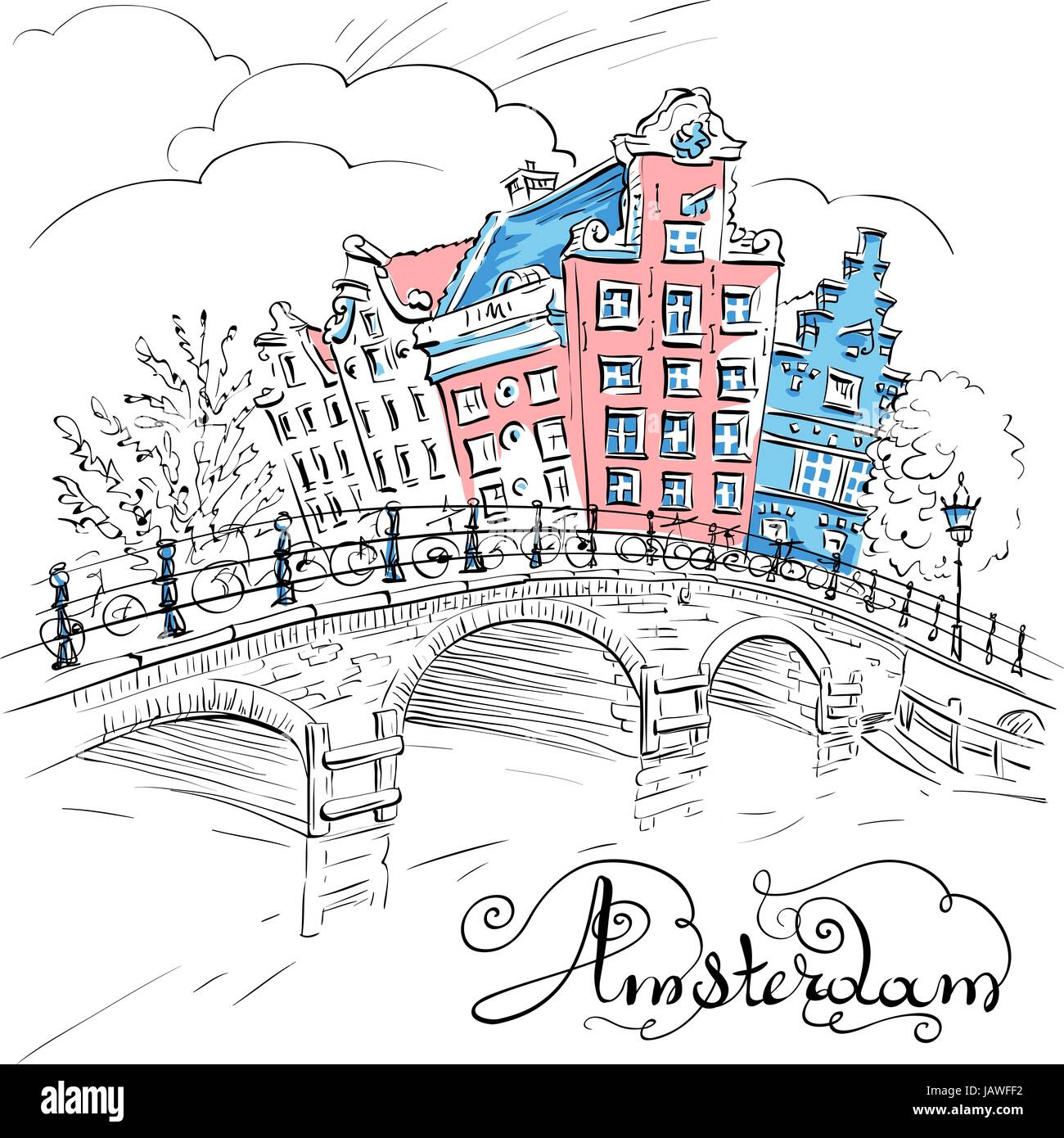 Vector view of Amsterdam canal and bridge Stock Vector