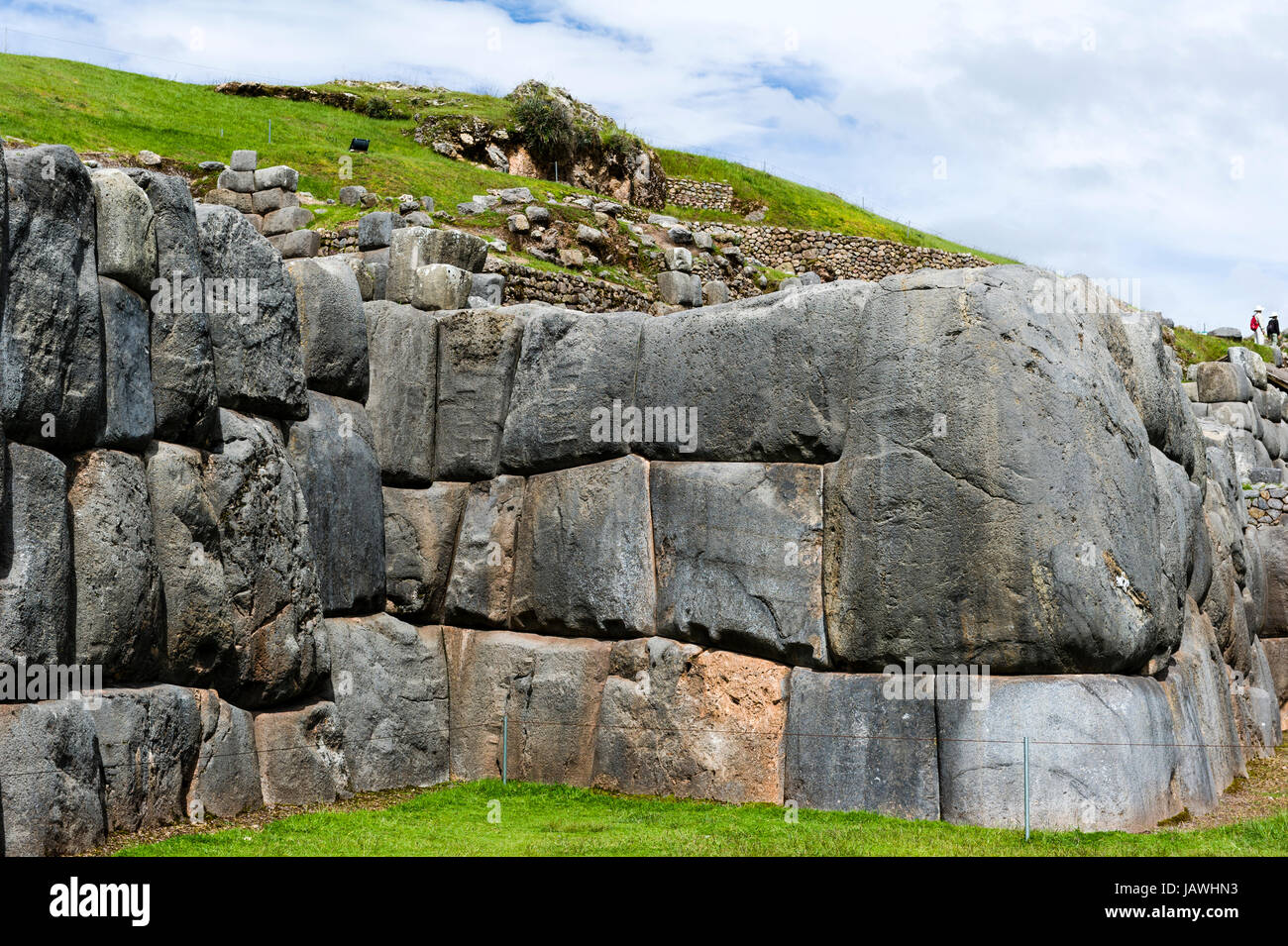 The Inca carved interlocking dry-stone walls from boulders to build a citadel terrace wall. Stock Photo