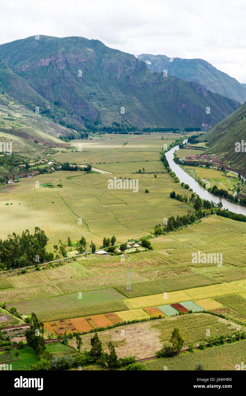 Agricultural farmland in a lush river valley in the Andes. Stock Photo