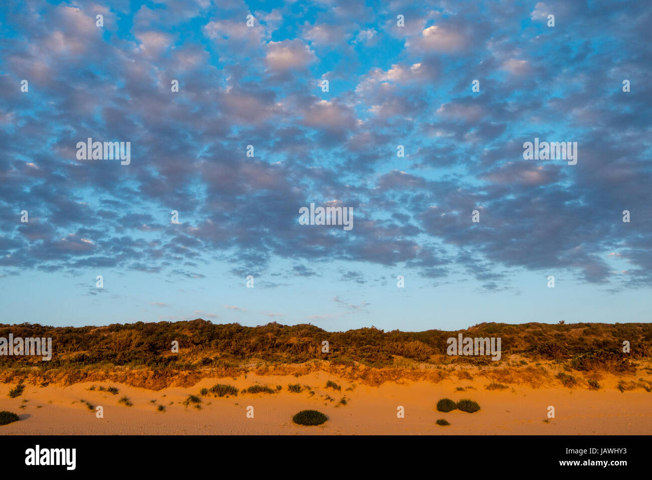 A cluster of clouds gather over a sand dune at sunset. Stock Photo