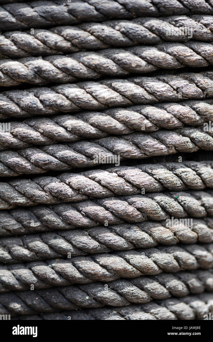 Coils of sail rope around a mast. Stock Photo