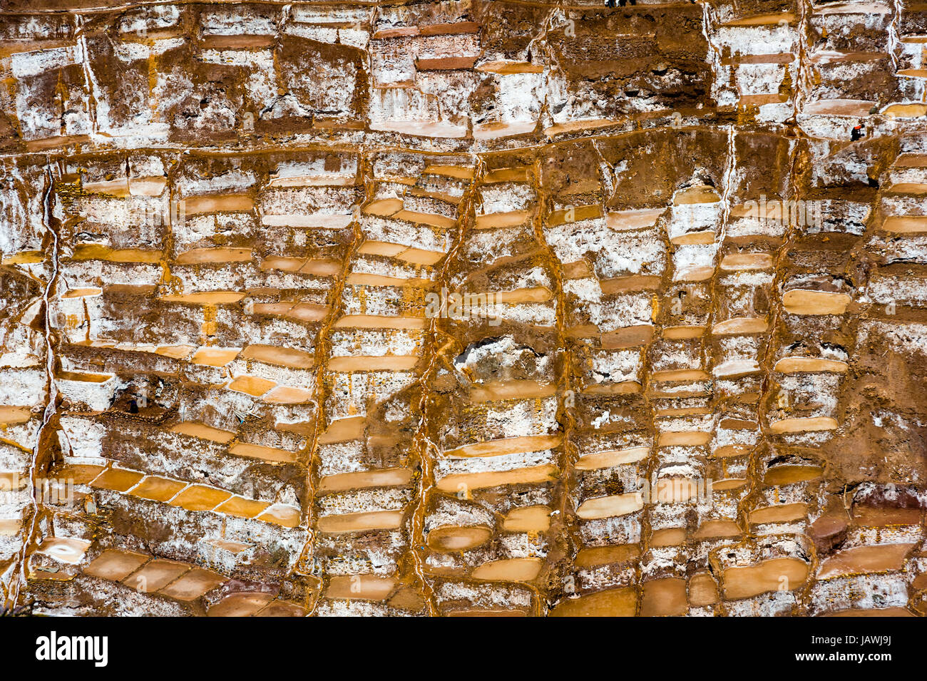 An Inca salt mine made up of salty spring water ponds evaporating. Stock Photo