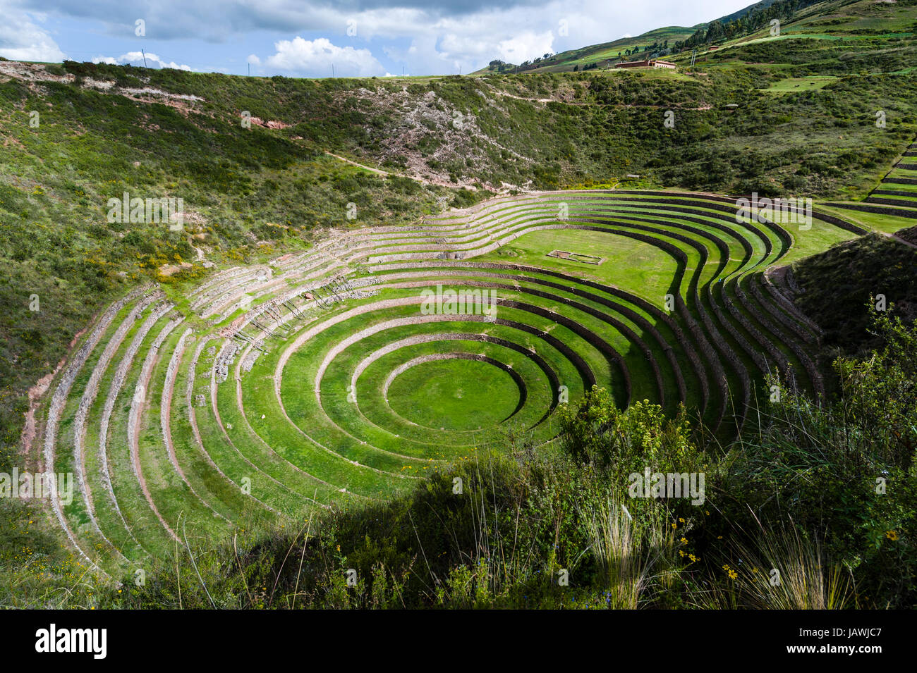An Inca site with stone wall terraces for growing agricultural crops by creating microclimates. Stock Photo
