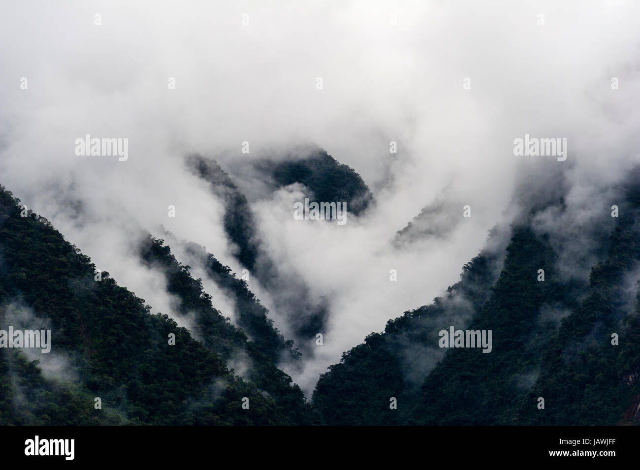 Storm clouds engulf the steep forested slopes and jagged mountain peaks of the Andes. Stock Photo