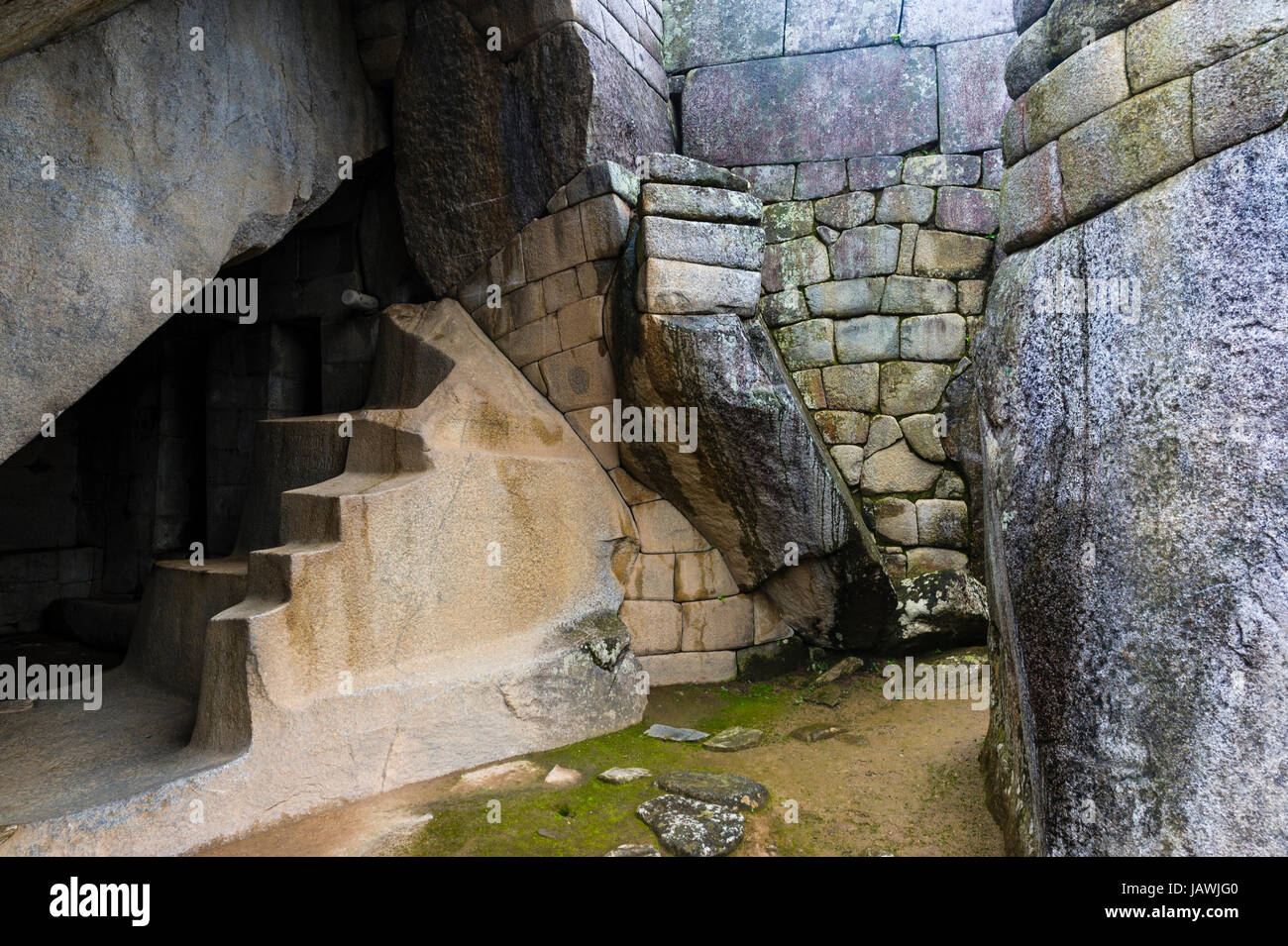 The Temple of the Condor features a carving of an Andean Condor and an alter in a natural cave. Stock Photo