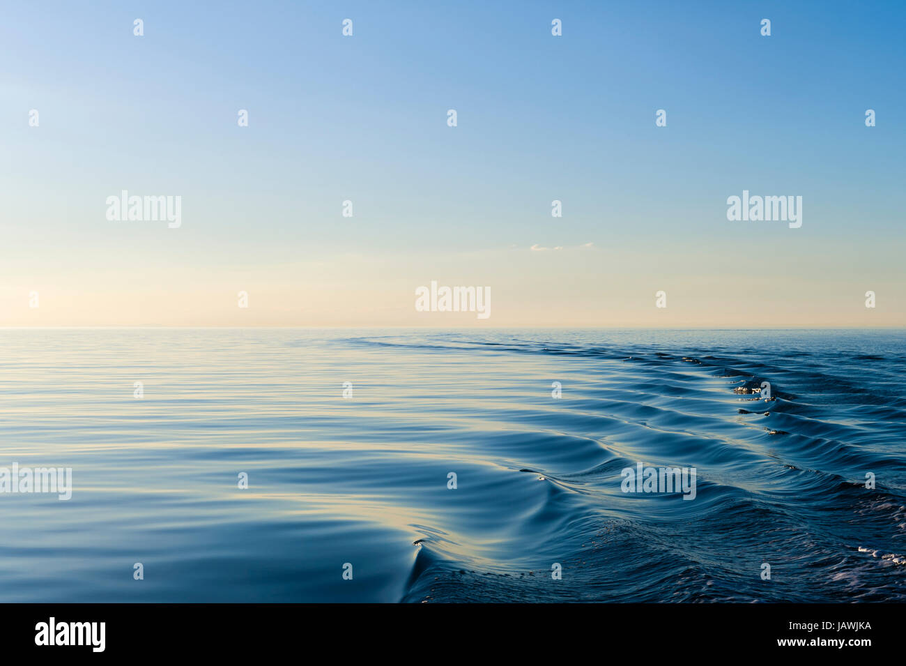 Boat wake ripples across a dead calm ocean surface at twilight. Stock Photo