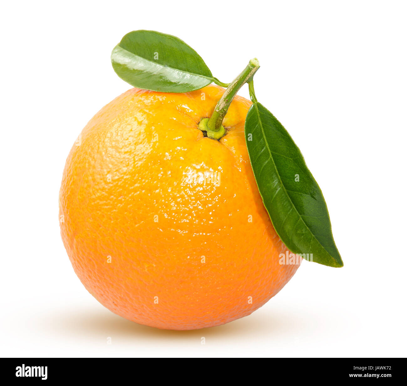 ripe orange with a green leaf on a white background Stock Photo