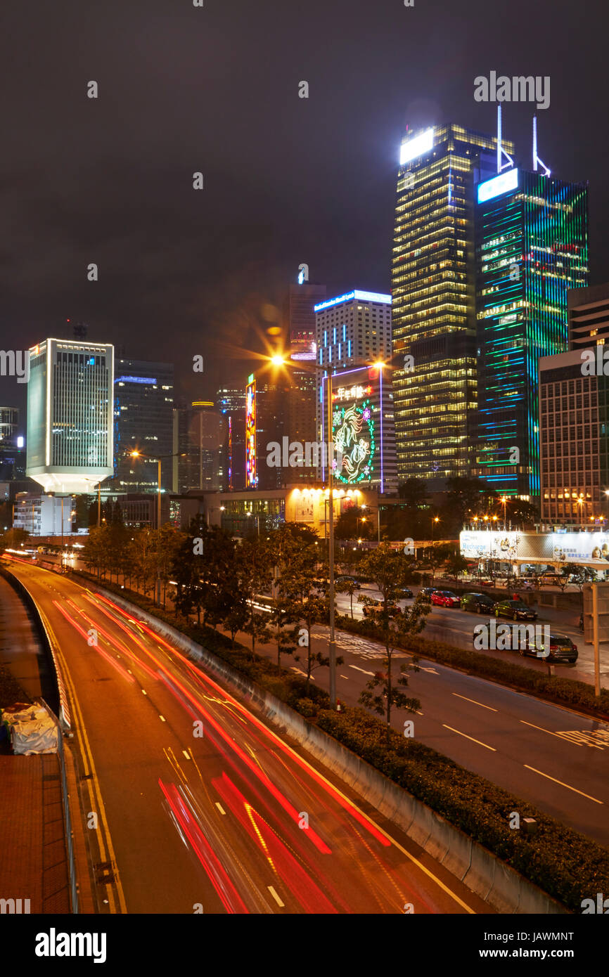 Tail lights and skyscrapers at night, Central, Hong Kong Island, Hong Kong, China Stock Photo
