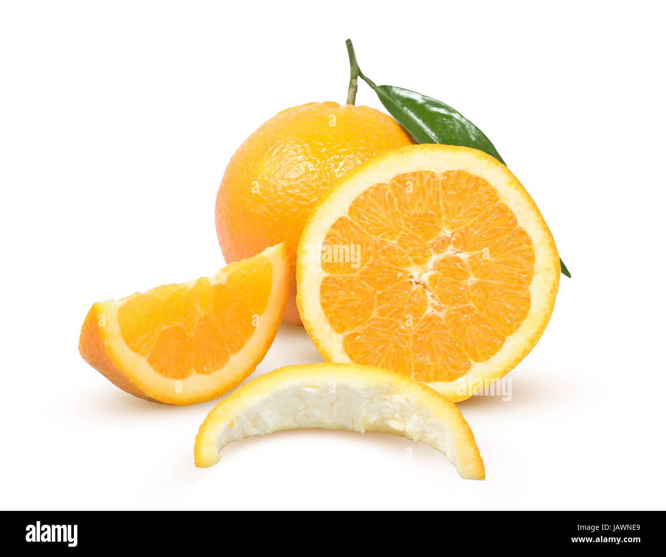 Ripe orange with a green leaf on a white background Stock Photo