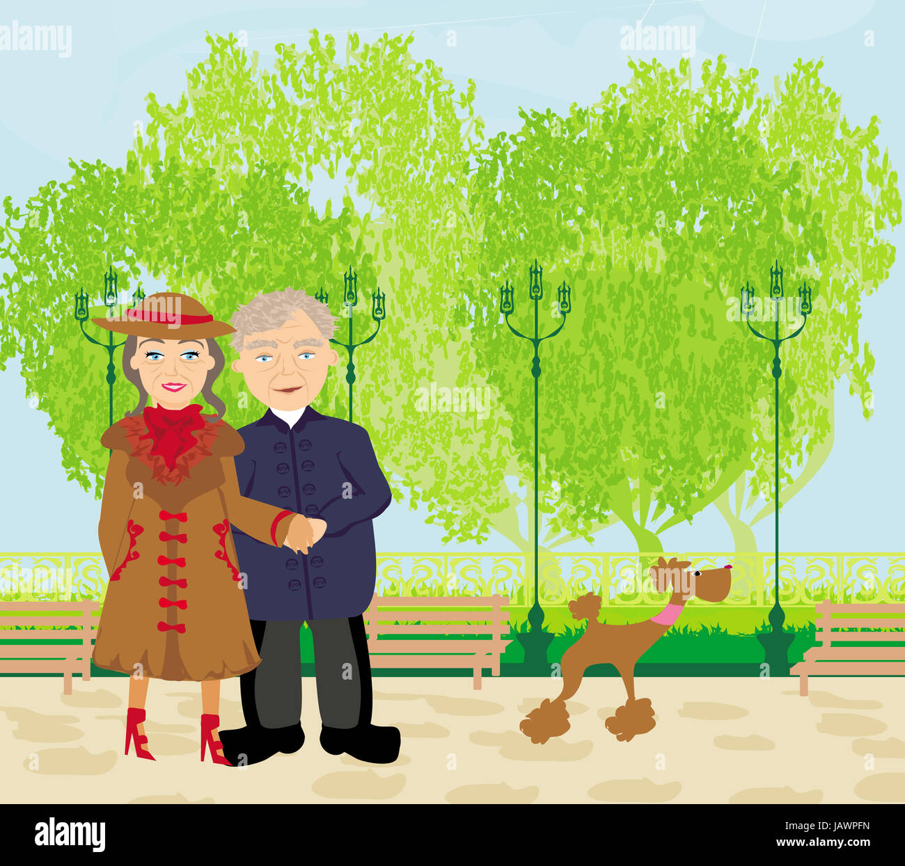 Senior couple walking in sunny day with a dog Stock Photo - Alamy