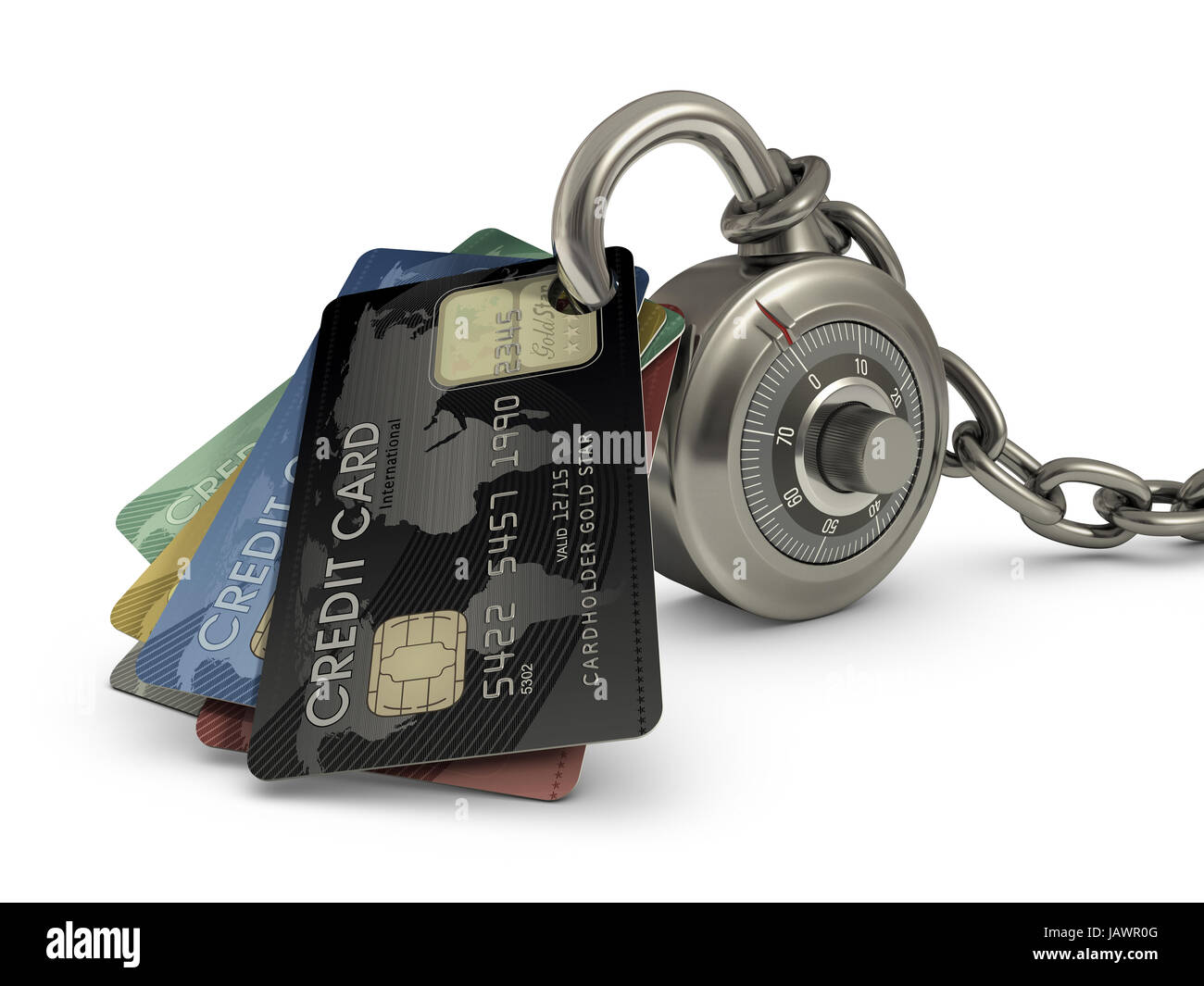 Credit card stuck in a lock code. Concept of protection against theft of your money. Stock Photo