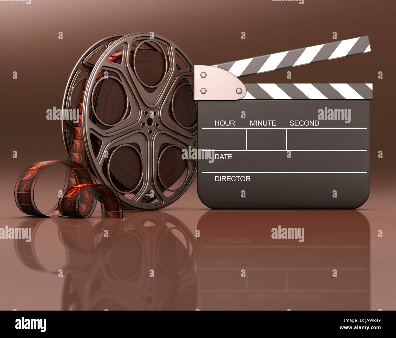 Roll of film with a clapboard beside. Your info on the black space of the clapboard or under the roll and clapboard on the reflection. Stock Photo