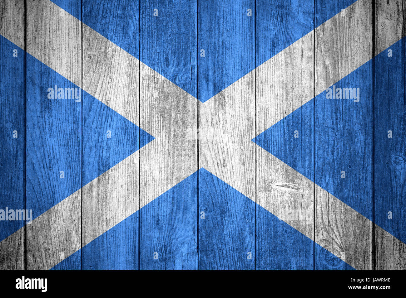 Flag of Scotland or blue and white Scoittish banner on wooden background Stock Photo