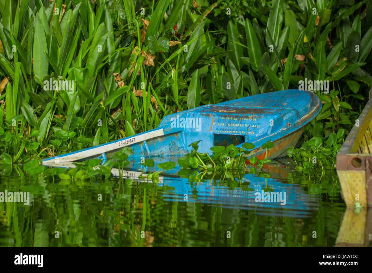 Old sunken blue fishing wooden boat in a calm lake water Stock Photo ...
