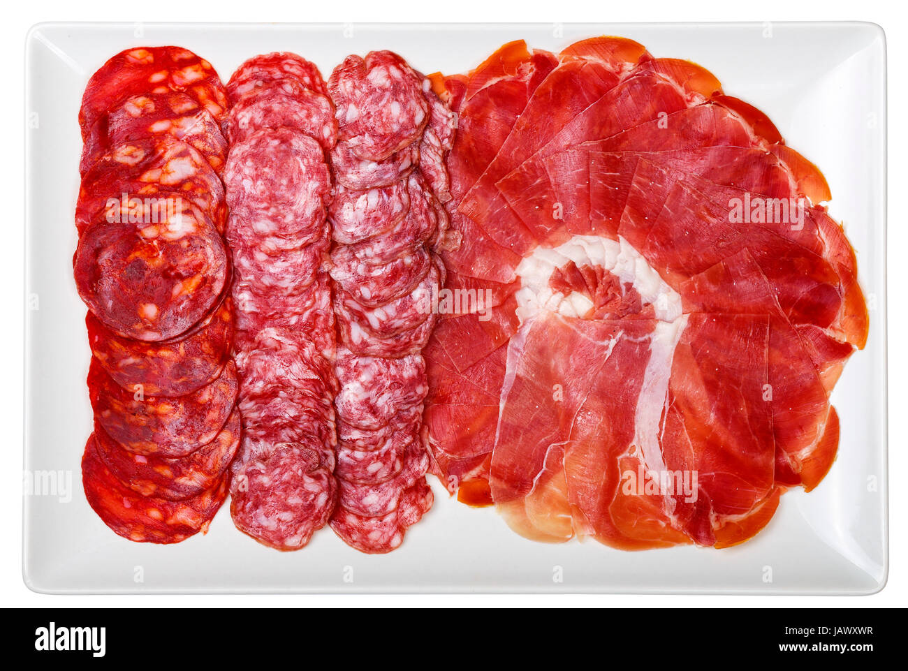 plate of cold cuts ham sausage typical in Spain, isolated on white