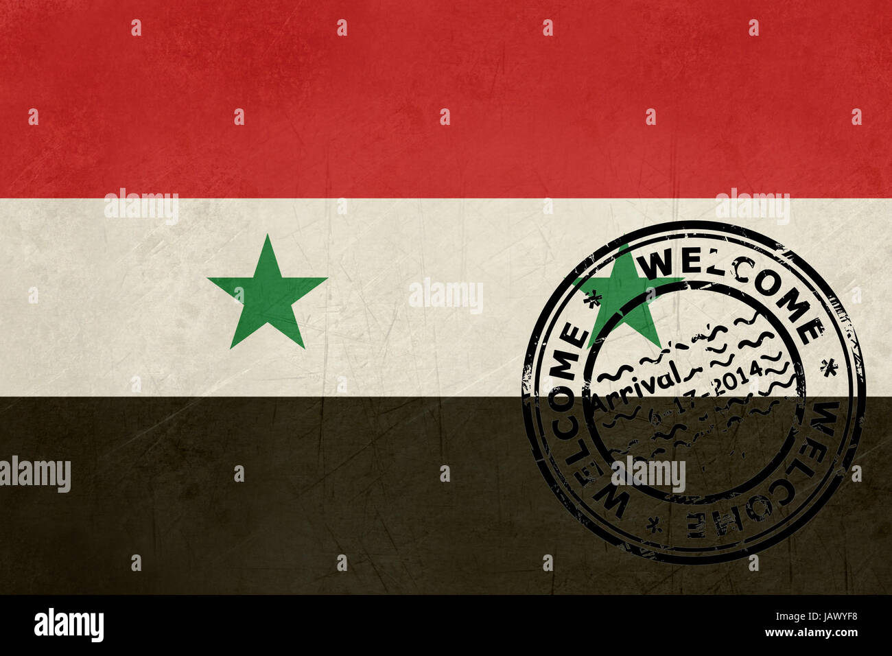 Welcome to Syria flag with passport stamp Stock Photo - Alamy