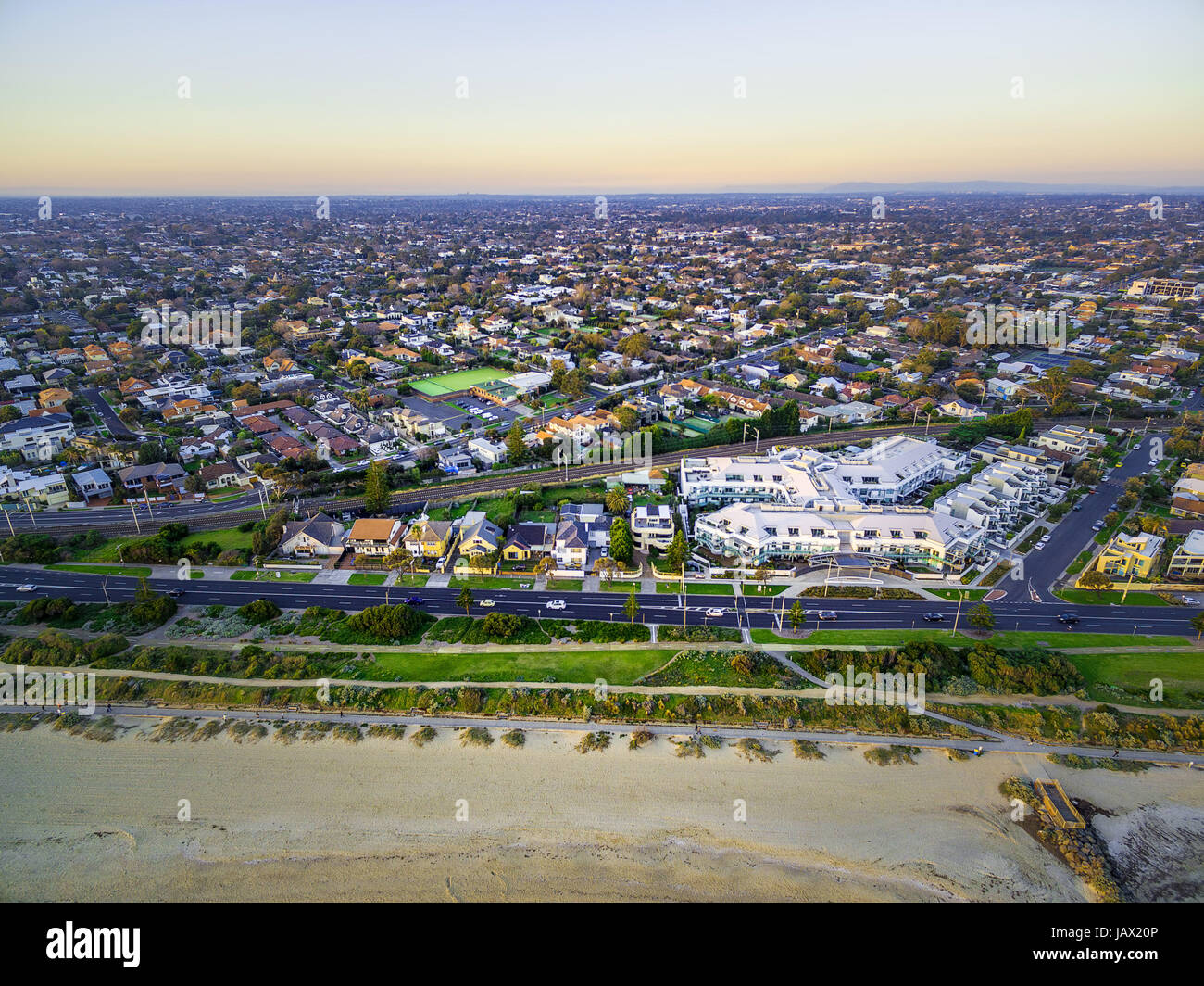 Aerial view of beach road and suburban houses in Melbourne Stock Photo