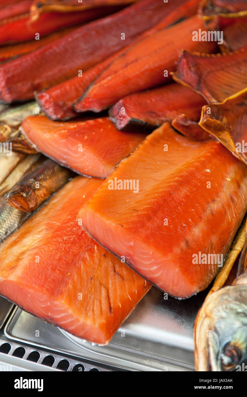 Fish shop closeup of smoked salmon fish Stock Photo Alamy