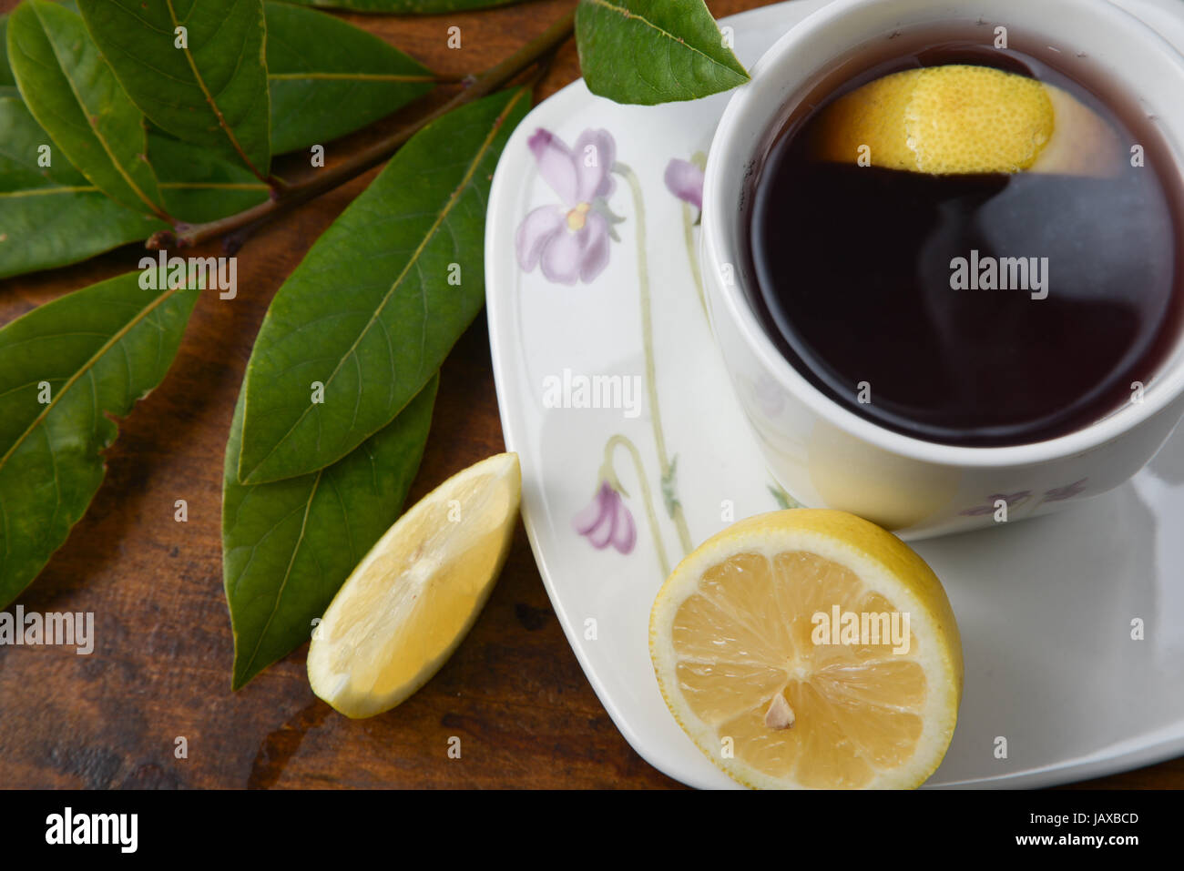 Infusion of various fruits flavored with a slice of lemon. relaxing drink Stock Photo