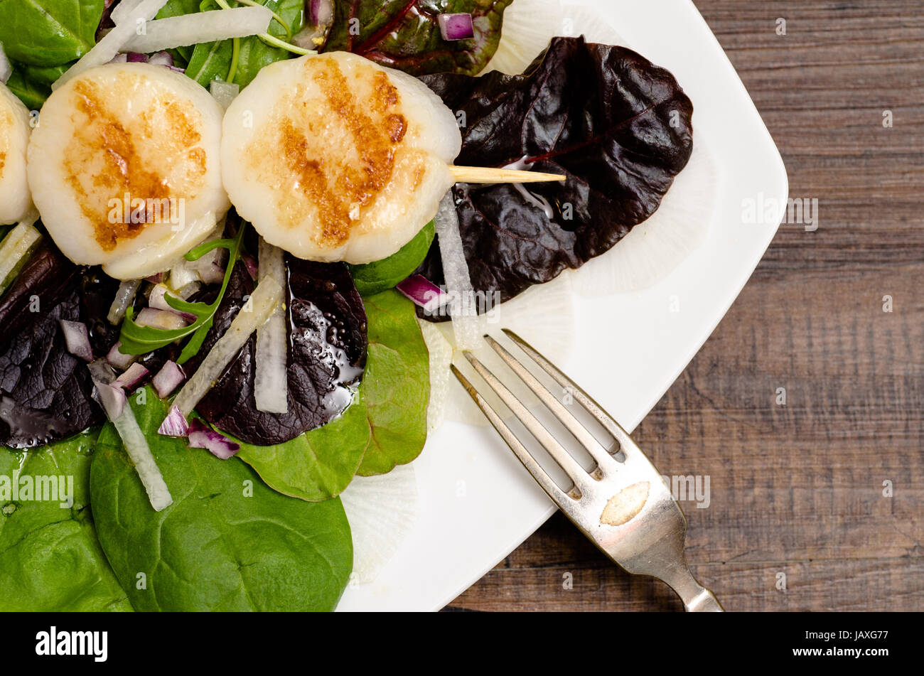 Grüner und roter Blattsalat mit gebratener Jakobsmuschel Stock Photo ...