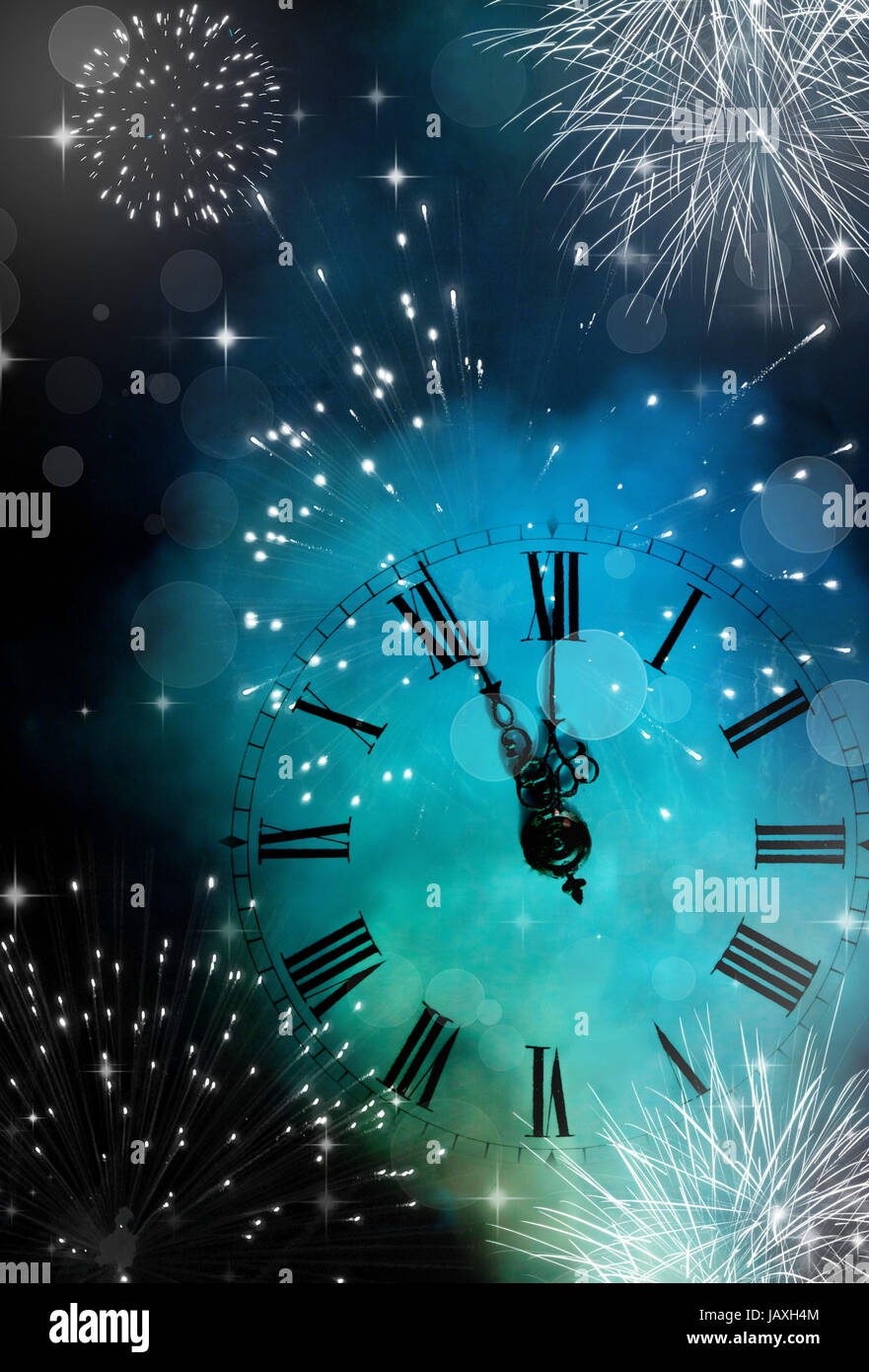 Old clock against fireworks and holiday lights Stock Photo