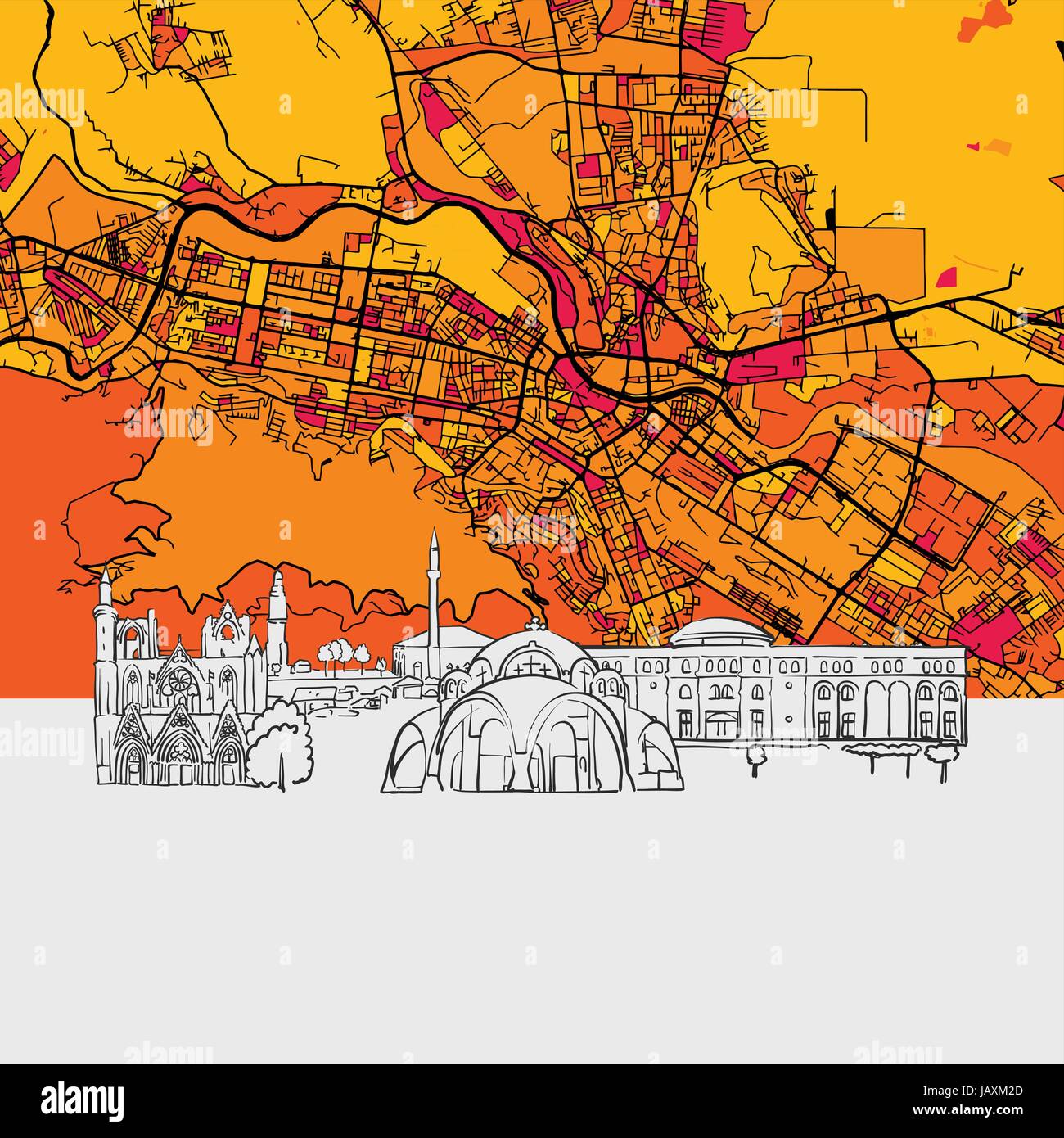 Skopje, Macedonia, Skyline Map, Modern Colourful Art Print with Historic Cityscape Landmarks ...