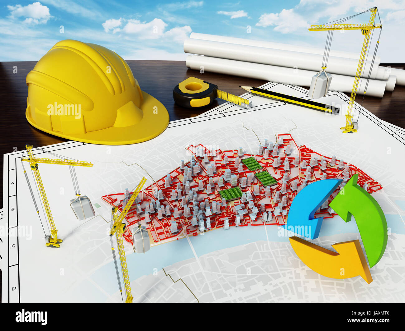 City renewal concept with model buildings on the plan. 3D illustration ...