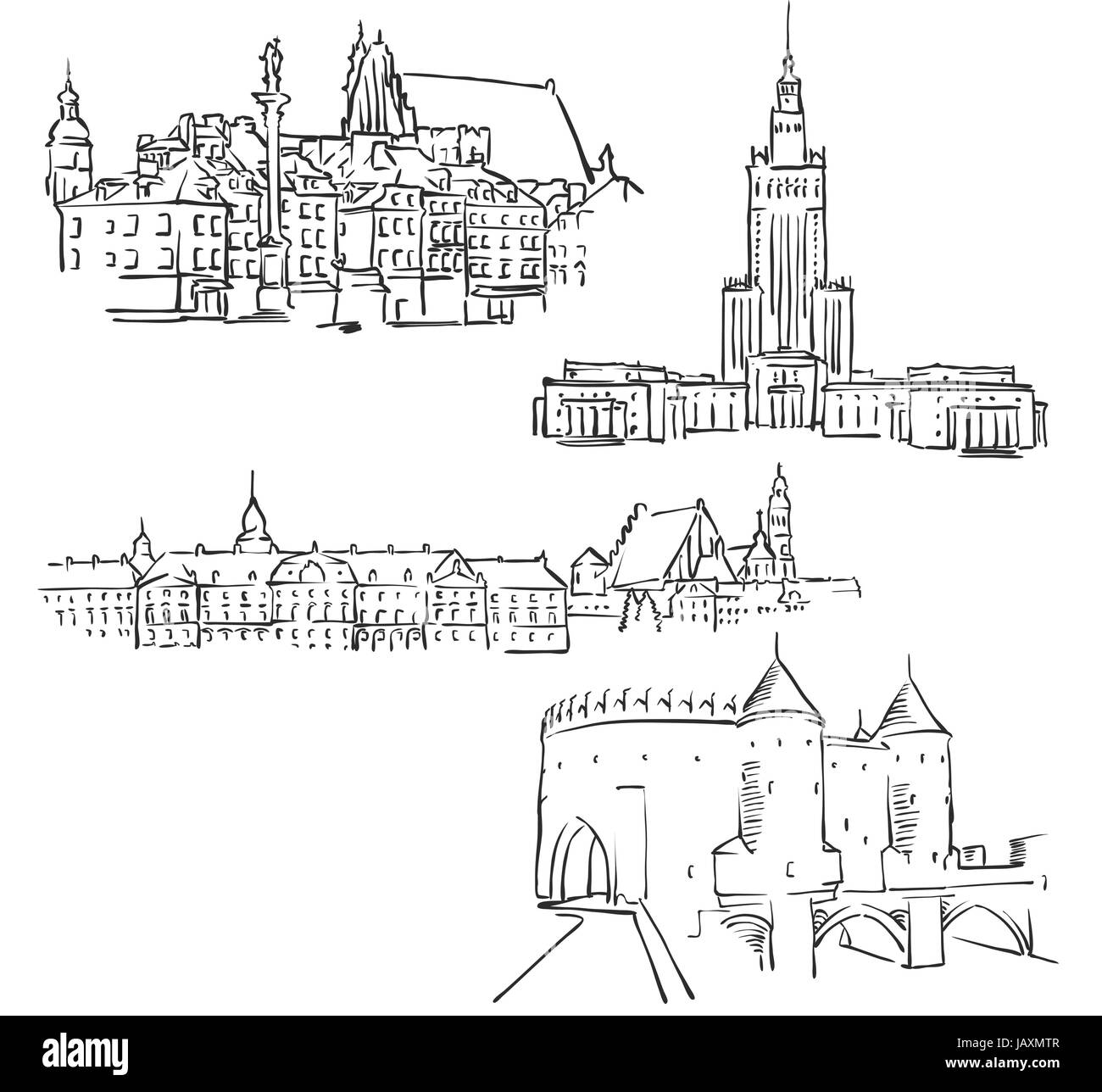 Warsaw, Poland, Famous Buildings, Monochrome Outlined Travel Landmarks, Scalable Vector Illustration Stock Vector