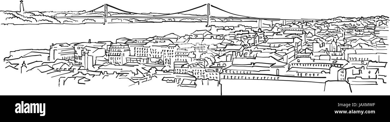 Lisbon, Portugal, Panorama Sketch, Monochrome Urban Cityscape Vector Artprint Stock Vector