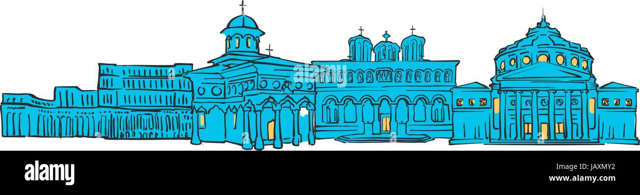 Bucharest, Romania, Colored Panorama, Filled with Blue Shape and Yellow Highlights. Scalable Urban Cityscape Vector Illustration Stock Vector