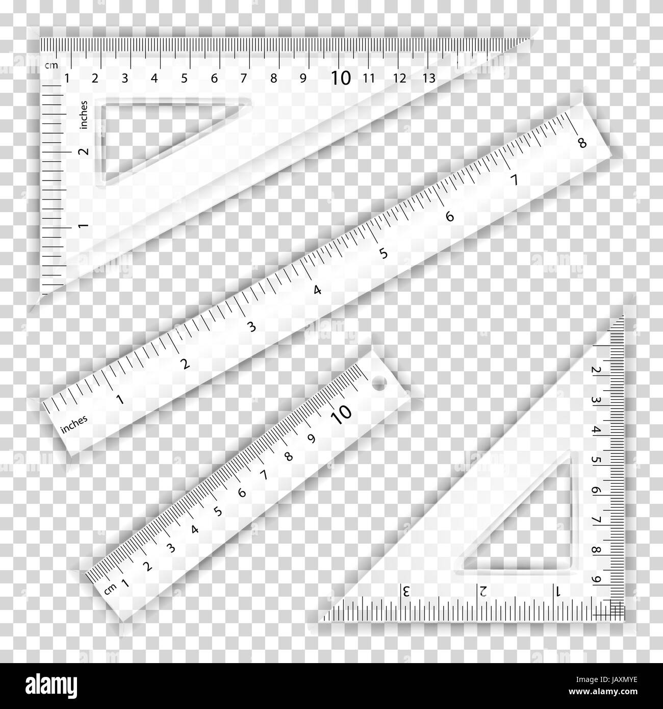 Transparent Ruler And Triangles Vector. Centimeter And Inch. Measure Tool Equipment Illustration. Several Instruments Variants Stock Vector