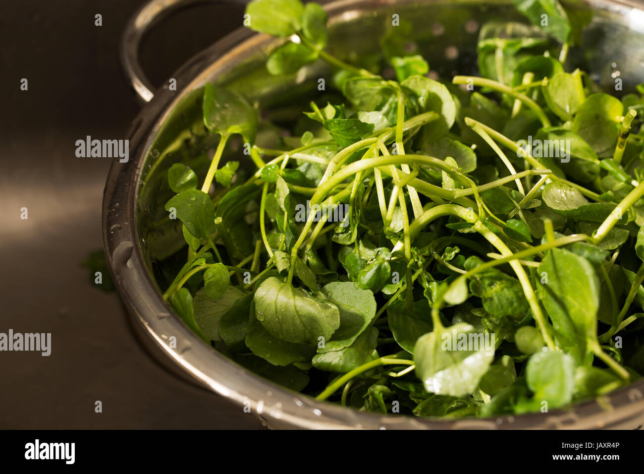 Watercress in colander after rinsing Stock Photo - Alamy