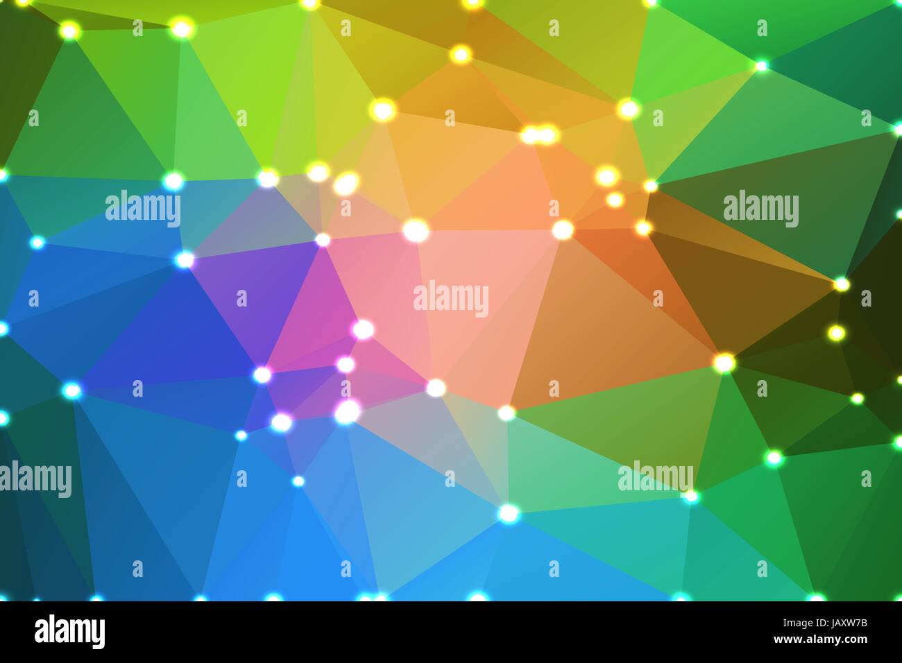 Pink green blue abstract low poly geometric background with defocused lights Stock Vector