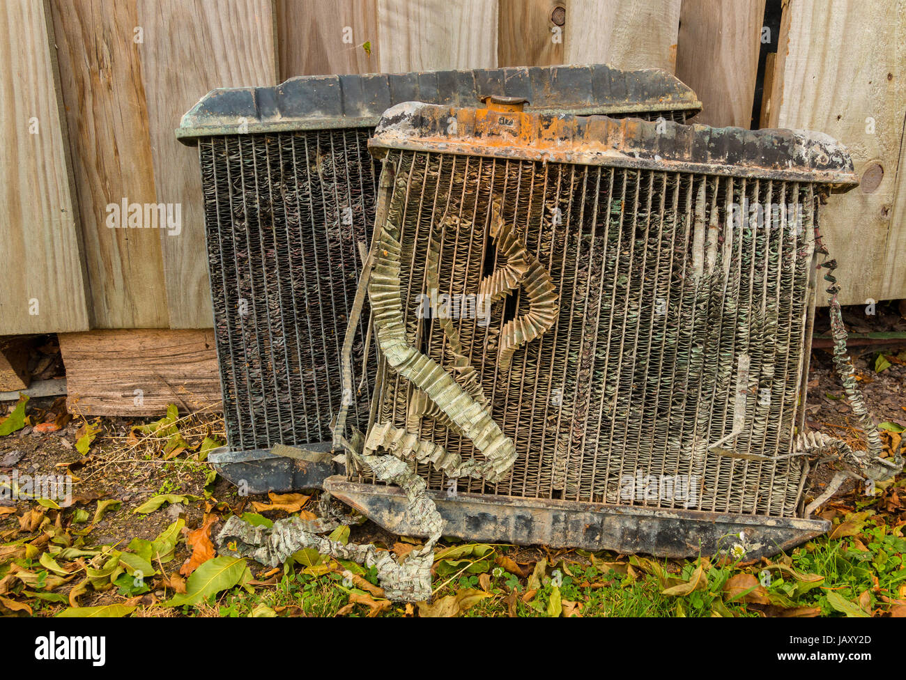 Damage radiator grill area with it's grill part pull out Stock Photo