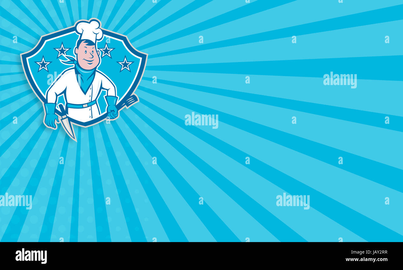 Business card template showing illustration of a chef cook with spatula and kitchen knife on hip wearing bandana on neck and facing front set inside shield with stars done in cartoon style. Stock Photo