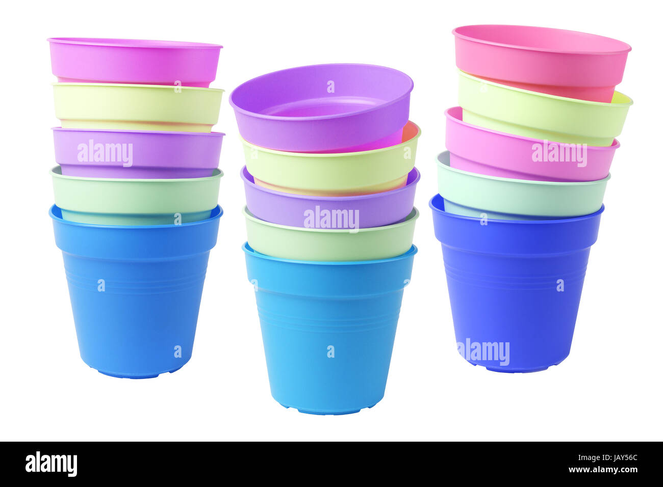 Stacks of Colourful Plastic Flower Pots on White Background Stock Photo ...