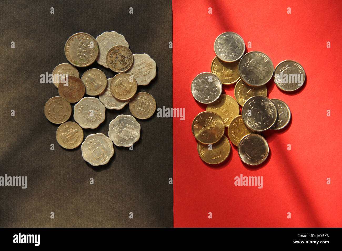 Top view of old and new Indian coins currency Stock Photo