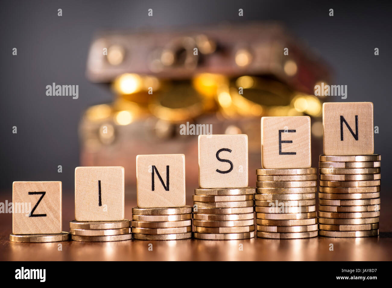 Stack of coins and the word interest. Stock Photo