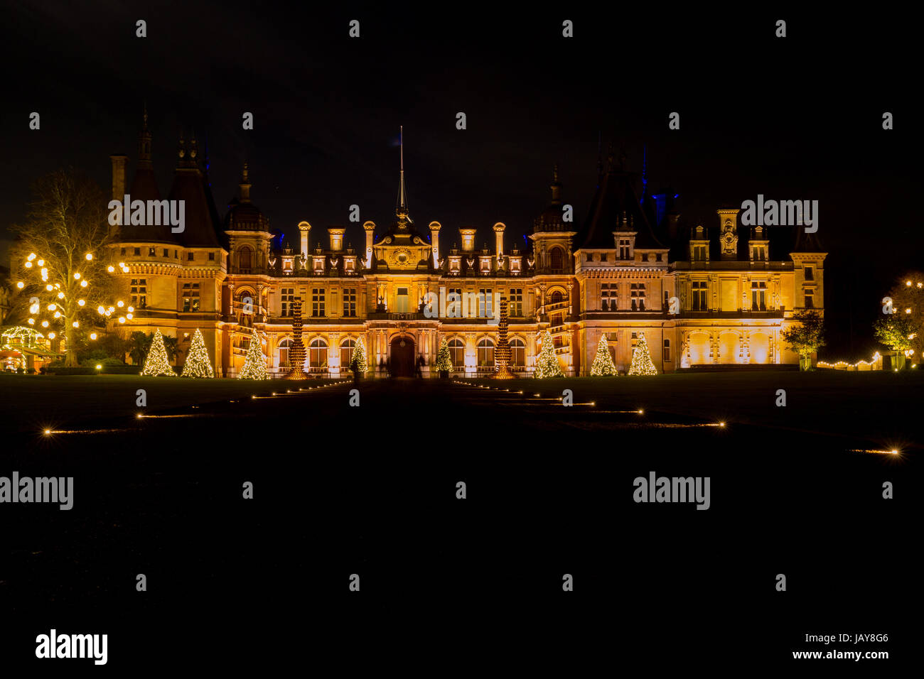 Waddesdon Manor NT, Buckinghamshire illuminated with the Christmas lights.  November 2016 Stock Photo