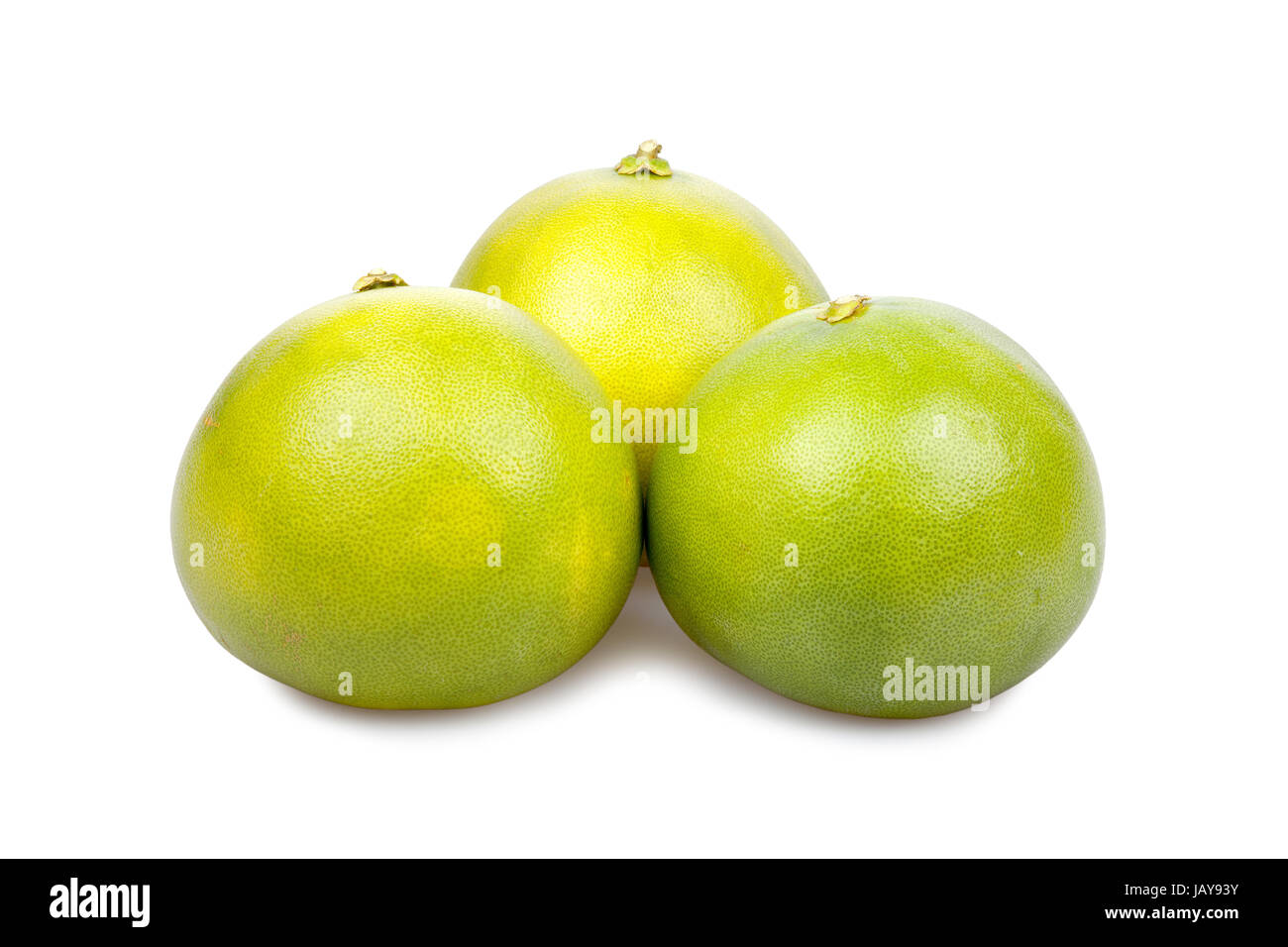 Drei ganze Pomelo Früchte isoliert vor weißem Hintergrund Stock Photo
