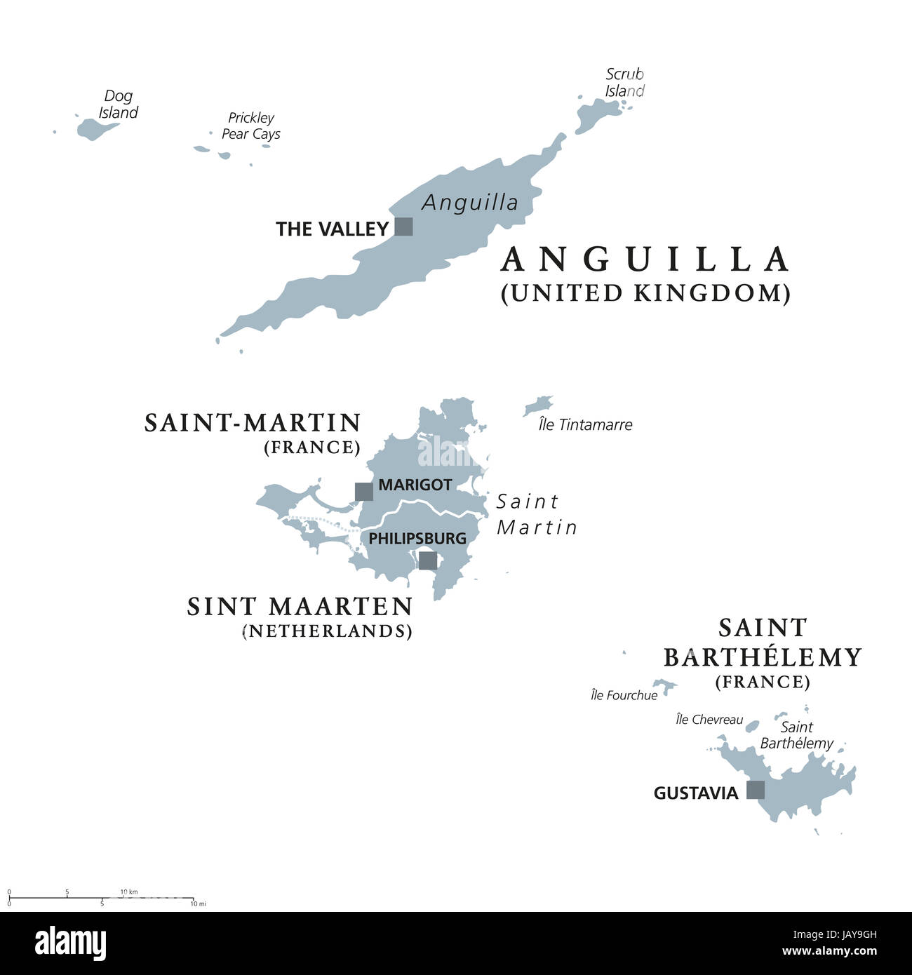 Anguilla, Saint-Martin, Sint Maarten and Saint Barthelemy political map. Islands in the Caribbean, part of Leeward Islands and Lesser Antilles. Stock Photo
