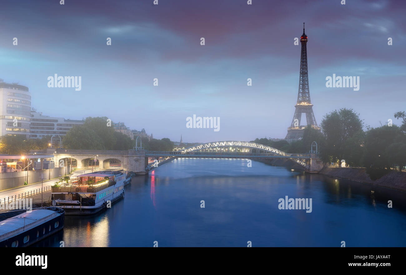 Early morning on river Seine with the view on Eiffel Tower in Paris, France Stock Photo